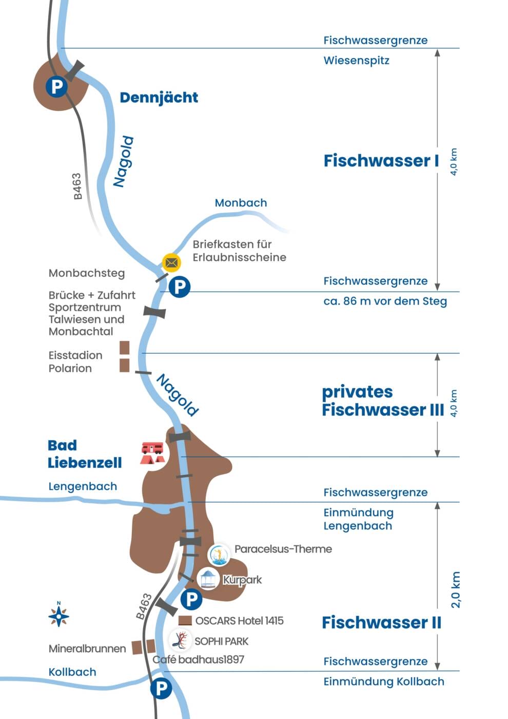 Eine Karte mit den drei verschiedenen Fischwassergebieten in Bad Liebenzell